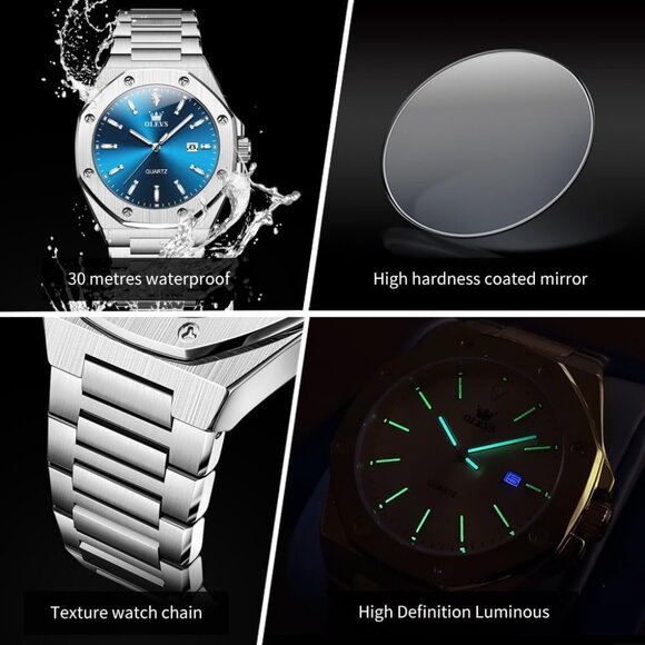 Olevs Men's Silver Blue Stain Steel Man Watch with Date Luminous Stylish Watch - Picture 6 of 6